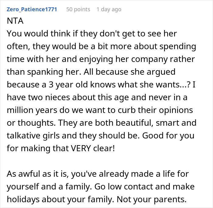 Reddit comment discussing grandparents spanking 3-year-old to teach lesson and resulting parental ban on visits. Reddit comment discussing grandparents spanking 3-year-old to teach lesson and resulting parental ban on visits.