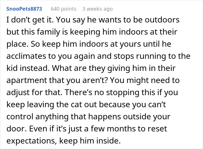 Online comment discussing a cat disappearing for days while neighbor has been adopting the cat at their apartment