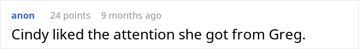 Text screenshot showing a comment about Cindy enjoying attention from Greg, relating to male bestie making a move and girlfriend calling boyfriend for rescue.