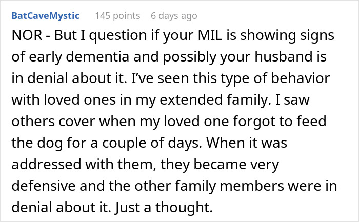 Comment discussing concerns about a mother-in-law not changing a kid&rsquo;s diaper, hinting at possible early dementia signs.