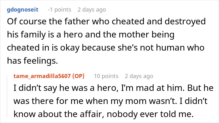 Reddit discussion showing a mom blaming her daughter for picking dad in divorce and refusing involvement in her life. Reddit discussion showing a mom blaming her daughter for picking dad in divorce and refusing involvement in her life.