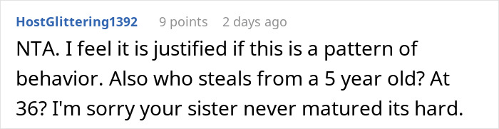 Screenshot of an online comment discussing a woman stealing a 5-year-old niece&rsquo;s skirt and lying about it.