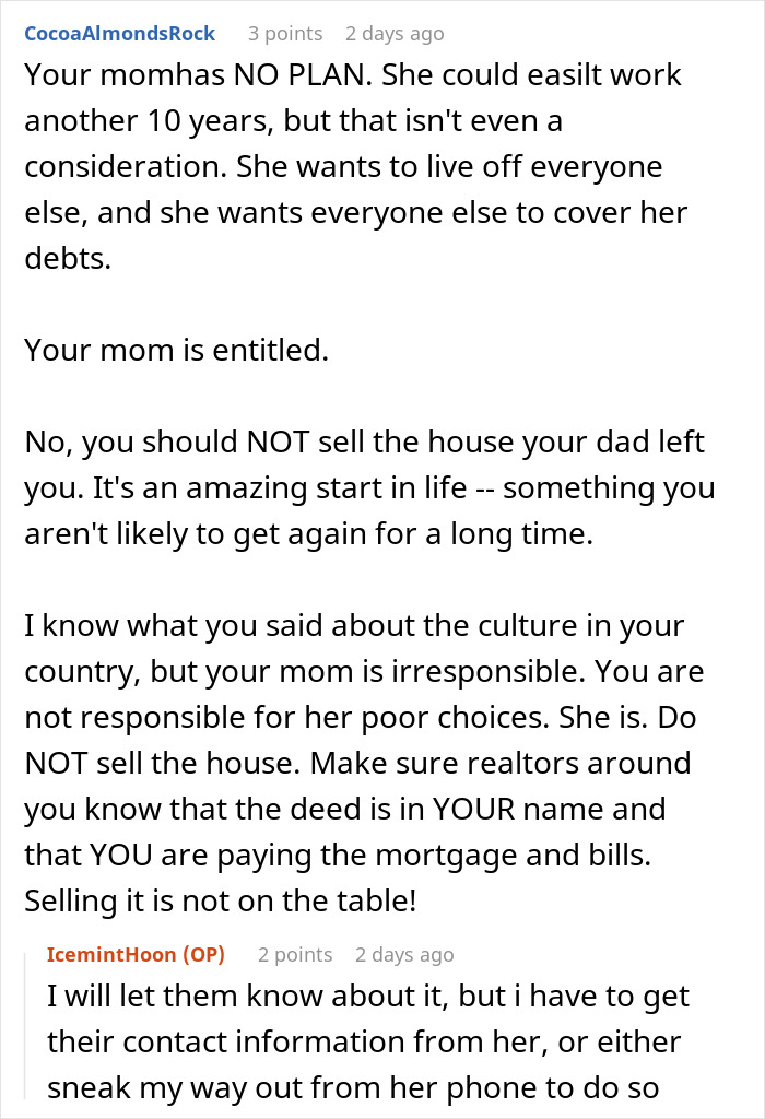 Screenshot of a Reddit conversation about a mom in $37K debt and daughter refusing to sell inherited home to help.