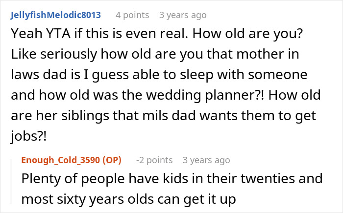 Comment thread discussing MIL admitting she paid a wedding planner who slept with her dad and family conflict.