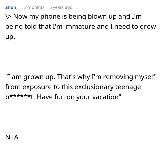 Text post showing a guy furious after family calls him immature and refuses to include him in girl days. Text post showing a guy furious after family calls him immature and refuses to include him in girl days.