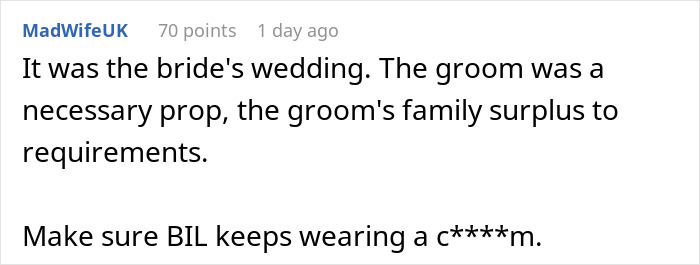 Comment discussing bride entering new family with drama after excluding sister-in-law from wedding photos, emphasizing family tension.