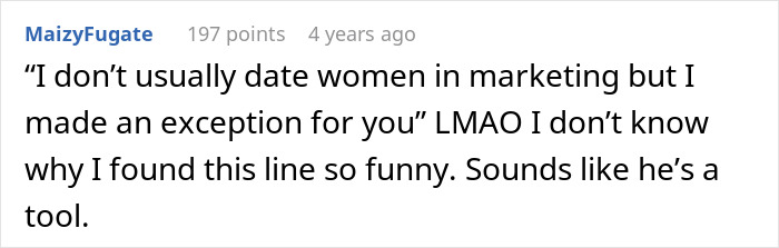 Screenshot of a Reddit comment discussing dating preferences and referencing a line about dating women in marketing.