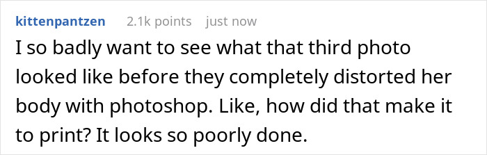 Reddit comment complaining about Rihanna distorted lingerie photos and obvious photoshop, username and 2.1k points visible