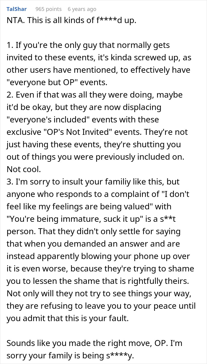 Screenshot of a Reddit comment discussing a guy furious after family refuses to include him in girl days events. Screenshot of a Reddit comment discussing a guy furious after family refuses to include him in girl days events.