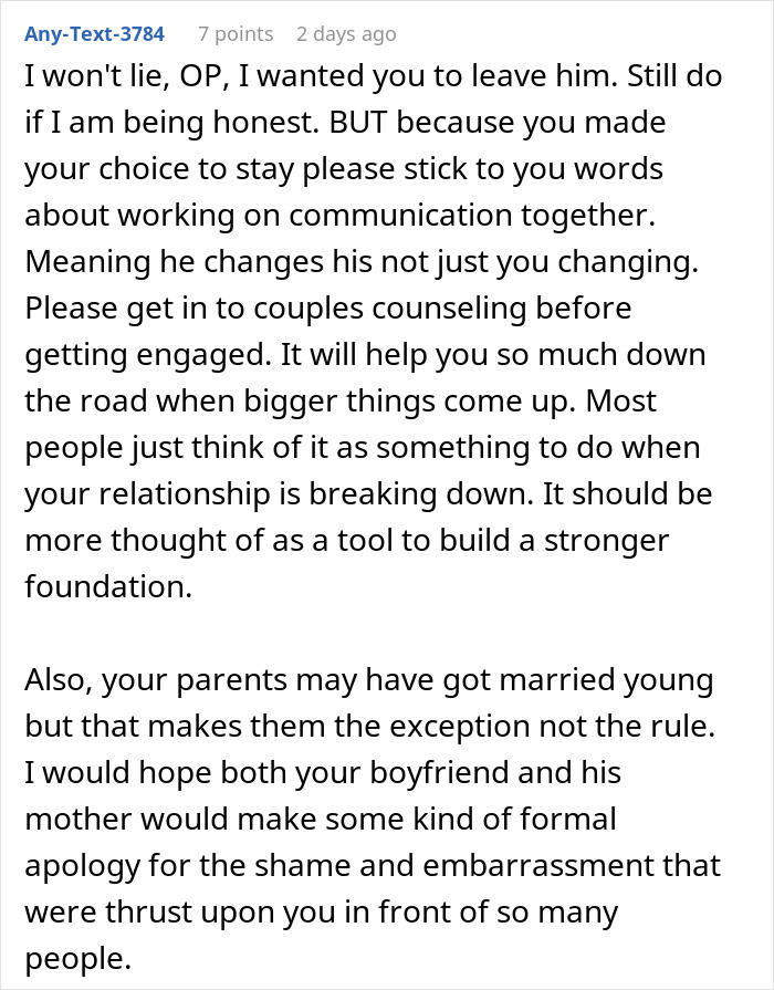 Comment discussing the impact of a man showing his true colors after assuming fiancée is pregnant, urging couples counseling. Comment discussing the impact of a man showing his true colors after assuming fiancée is pregnant, urging couples counseling.