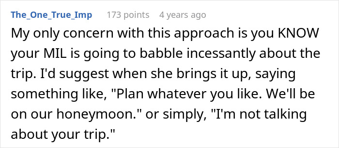 Screenshot of a forum post discussing managing husband's parents coming on honeymoon surprise and handling mother-in-law's comments.
