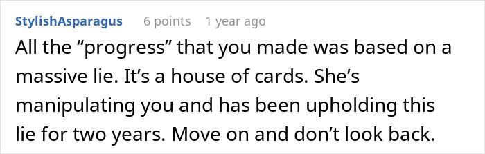 Screenshot of a comment addressing a man discovering his wife’s cheating wasn’t just one drunken night after two years.