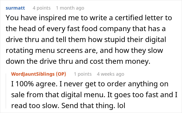 Comments discussing frustration with digital rotating menu screens slowing drive-thru service and costing fast food restaurants money.