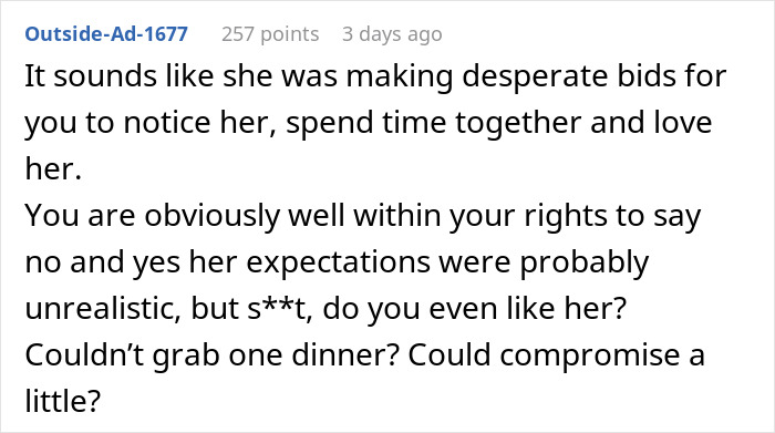 Text post showing a Reddit comment discussing frustration over girlfriend not understanding business trip is not a romantic getaway.