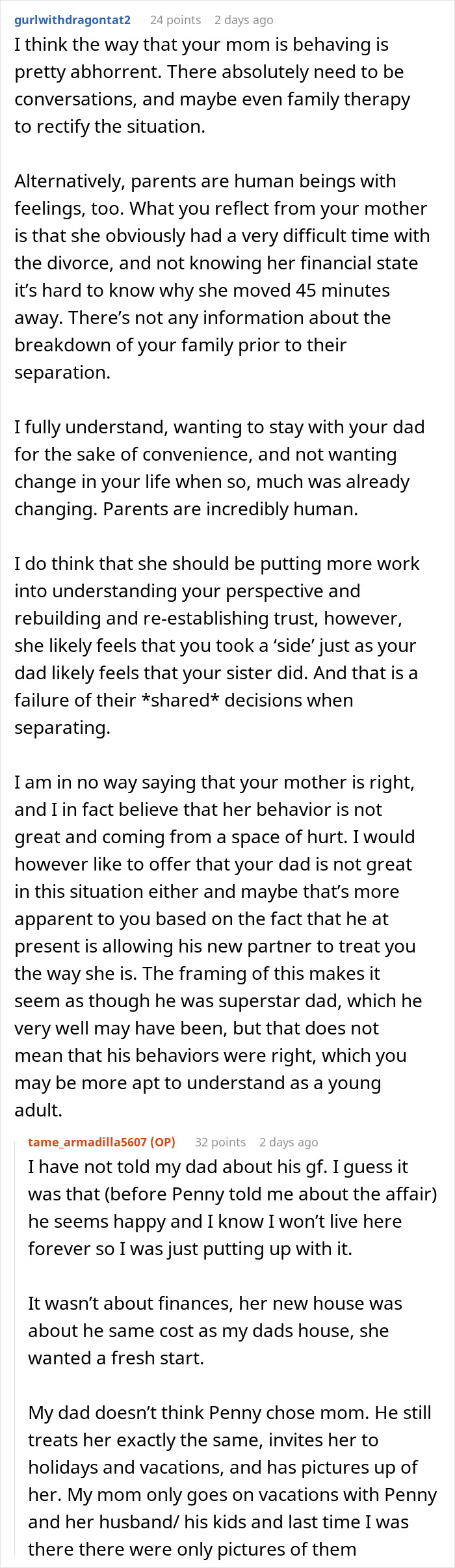 Text conversation discussing a mom blaming her daughter for picking dad during divorce and refusing involvement in her life. Text conversation discussing a mom blaming her daughter for picking dad during divorce and refusing involvement in her life.