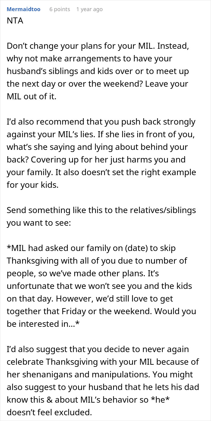 Text advice on refusing to attend MIL&rsquo;s Thanksgiving after being reinvited due to other guests flaking, with family planning tips.