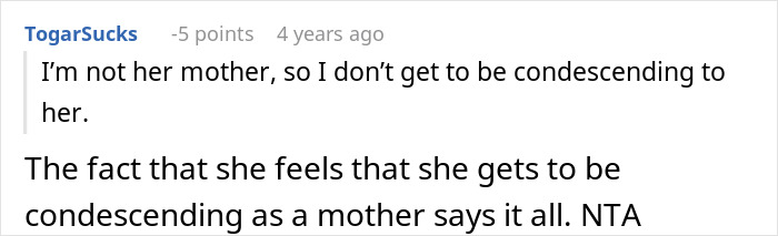 Screenshot of an online comment discussing condescending behavior, related to ruining family relationships with lying MIL issues.