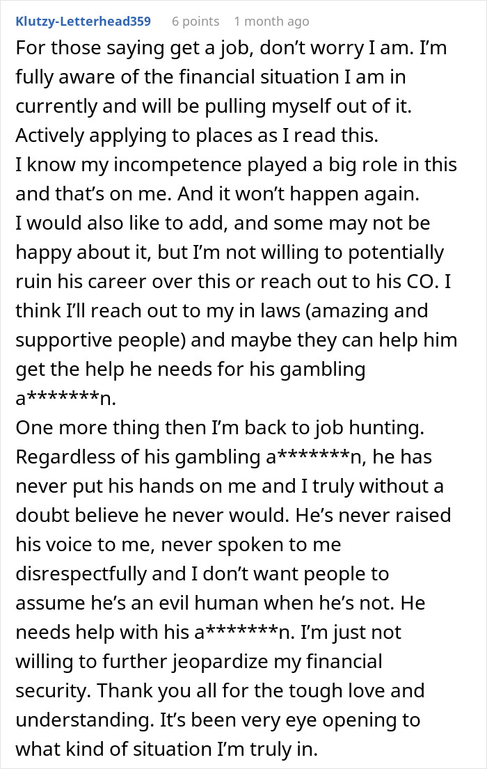 Comment from a SAHM wife addressing financial problems and job hunting after husband blames her.