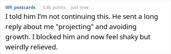 Screenshot of a social media post about a woman setting boundaries with a man turning issues into a therapy battle.