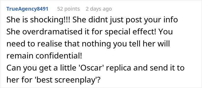 Comment on a forum post, text in black on white background, discussing a woman celebrating with a giant burger and drink after snapping at a controlling vegan friend.