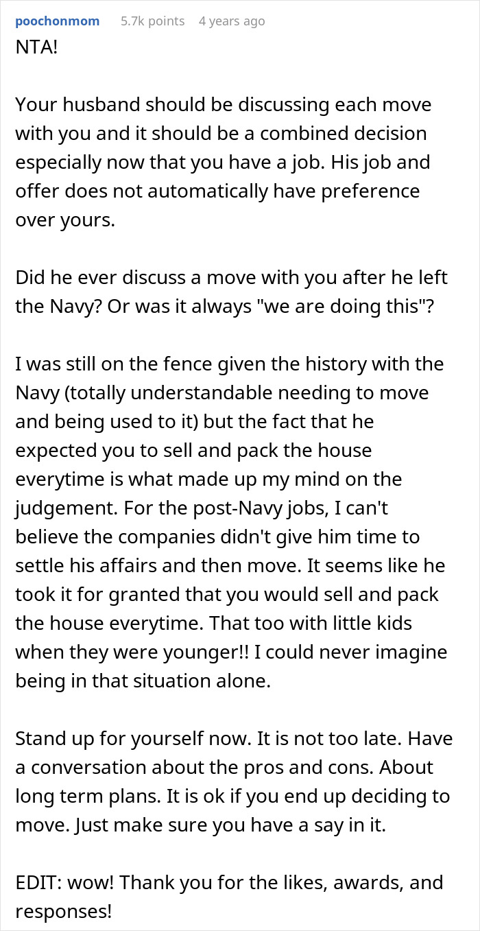 Reddit comment discussing woman refusing to move after decades relocating for husband’s career and seeking fairness. Reddit comment discussing woman refusing to move after decades relocating for husband’s career and seeking fairness.
