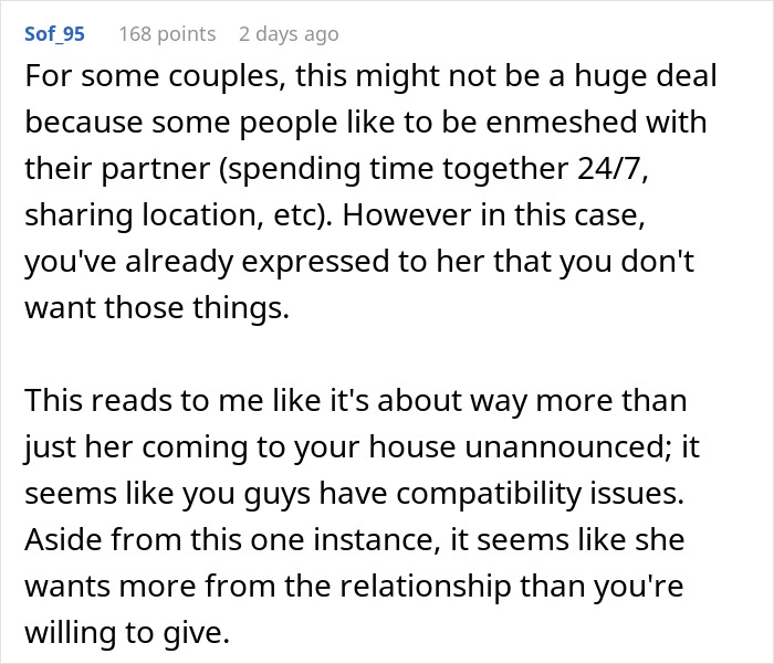 Comment discussing relationship issues after girlfriend used hidden key to enter his home without permission.