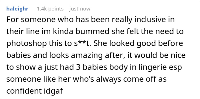 Rihanna distorted lingerie photos, Reddit comment screenshot criticizing photoshopping and body inclusivity Rihanna distorted lingerie photos, Reddit comment screenshot criticizing photoshopping and body inclusivity