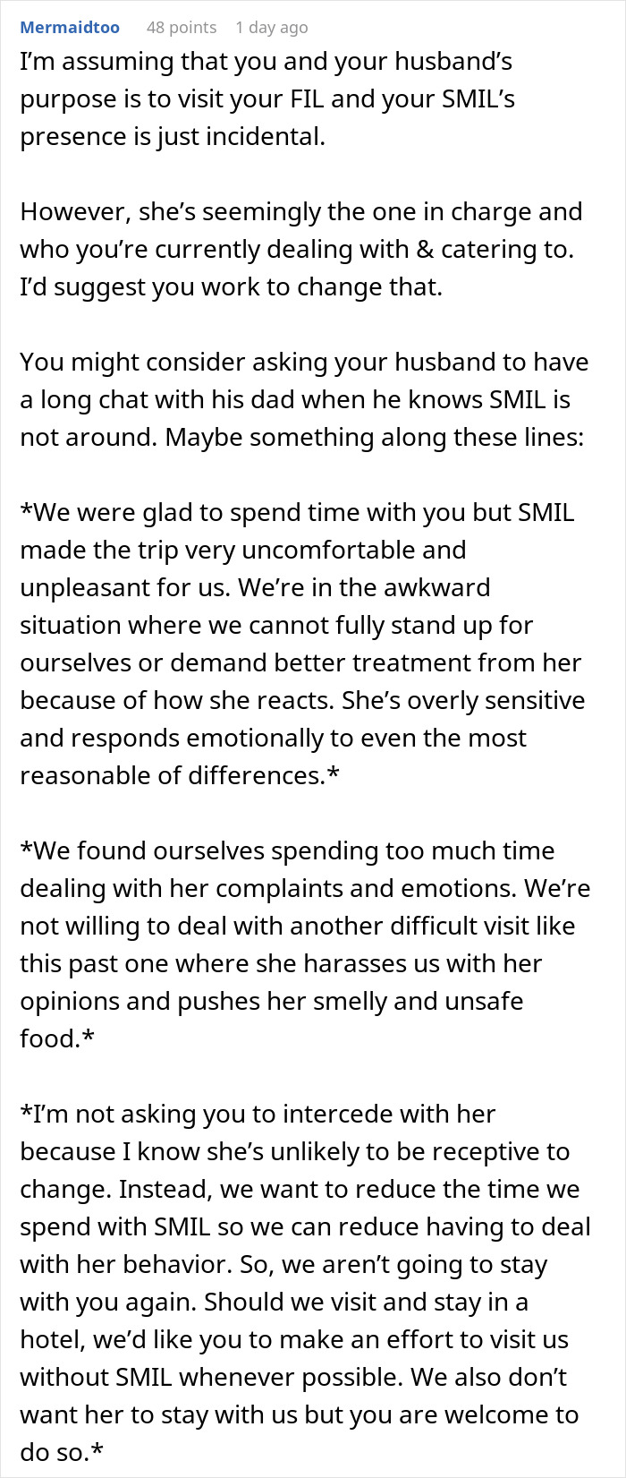 Comment discussing dealing with expired food in her pantry from 1999 and tension over pregnant woman declining MIL’s meals.