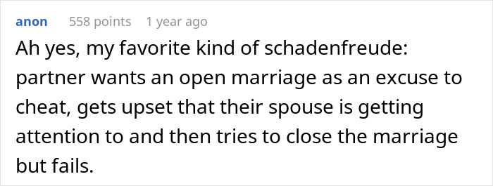 Screenshot of a forum comment discussing a partner wanting an open marriage as a way to reconnect with an ex.