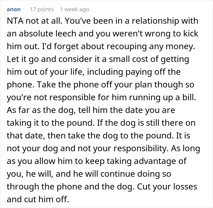Comment advising woman to take ex&rsquo;s dog to shelter if he does nothing, highlighting dog responsibility issues.