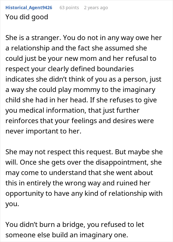Comment discussing bio mom appearing after 16 years, struggling with boundaries and relationship expectations. Comment discussing bio mom appearing after 16 years, struggling with boundaries and relationship expectations.