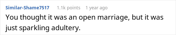 Screenshot of a Reddit comment about open marriage and adultery with a username and points shown. Screenshot of a Reddit comment about open marriage and adultery with a username and points shown.