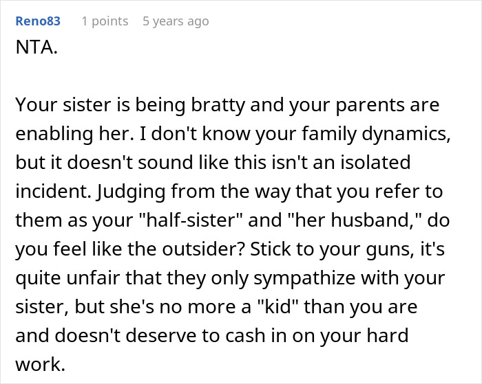 Screenshot of an online comment discussing family dynamics and a half-sister refusing a Christmas wish. Screenshot of an online comment discussing family dynamics and a half-sister refusing a Christmas wish.