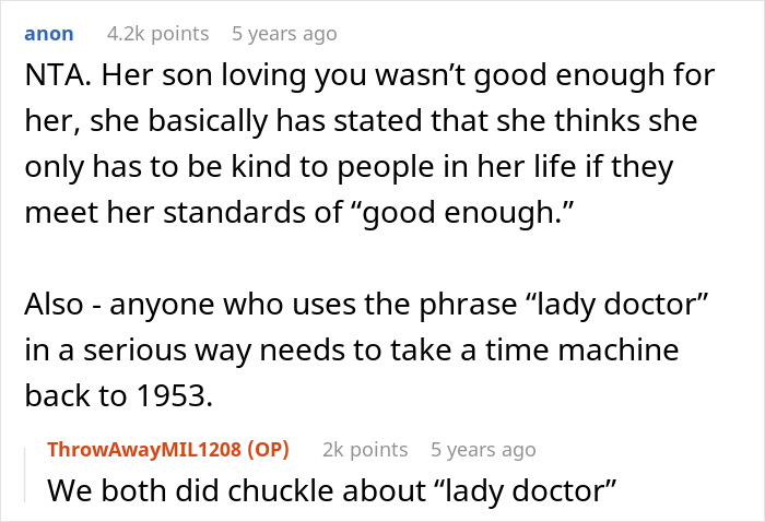 Screenshot of an online discussion about a woman hiding her finances from her mother-in-law who doubts her career as a yoga teacher.