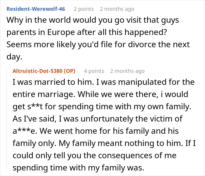 ALT text: Online conversation showing a woman sharing how her husband's family was manipulative and snobbish during their marriage. ALT text: Online conversation showing a woman sharing how her husband's family was manipulative and snobbish during their marriage.