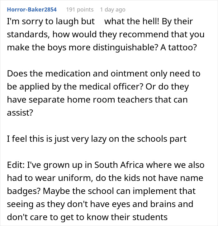 Screenshot of a Reddit comment discussing a parent refusing to make their twins less similar for school identification.