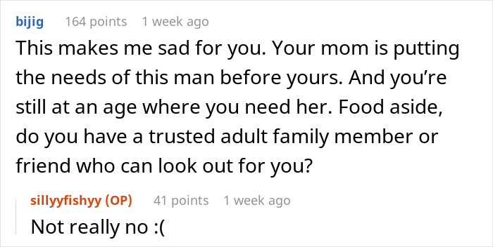 Alt text: Reddit conversation about mom boyfriend food drama discussing family dynamics and emotional support for a young adult. Alt text: Reddit conversation about mom boyfriend food drama discussing family dynamics and emotional support for a young adult.