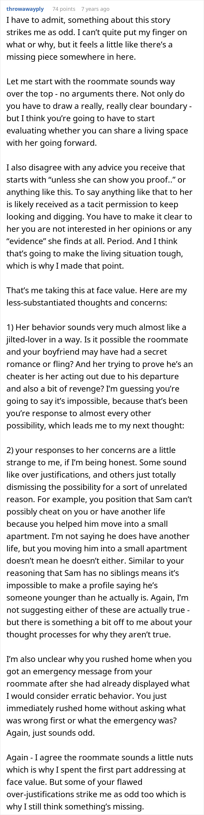 Screenshot of a Reddit comment discussing fabricated cheating evidence and complicated friendship dynamics in a roommate situation.