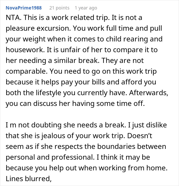 Screenshot of an online comment discussing a work-related trip and parenting responsibilities with three kids at home.