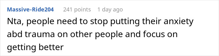 Reddit comment discussing anxiety meltdown and its impact on relationships, highlighting husband banning wife from front seat.