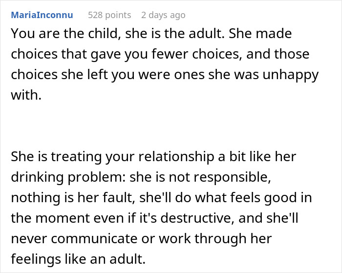 Comment explaining a mom blaming her daughter for picking dad in the divorce and refusing involvement. Comment explaining a mom blaming her daughter for picking dad in the divorce and refusing involvement.
