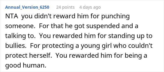 Comment defending dad who takes son out to celebrate after standing up to a bully and protecting a girl. Comment defending dad who takes son out to celebrate after standing up to a bully and protecting a girl.