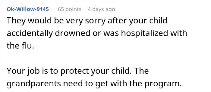 Comment discussing distrust of in-laws over grandchild’s safety and banning them from babysitting duties. Comment discussing distrust of in-laws over grandchild’s safety and banning them from babysitting duties.