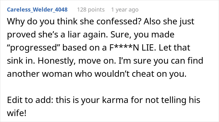Screenshot of an online comment discussing a man discovering his wife’s cheating was not just one drunken night.