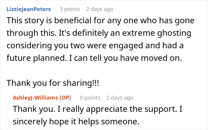Reddit comment screenshot about an adult man breaks off engagement, commenters offering support and thanks. Reddit comment screenshot about an adult man breaks off engagement, commenters offering support and thanks.