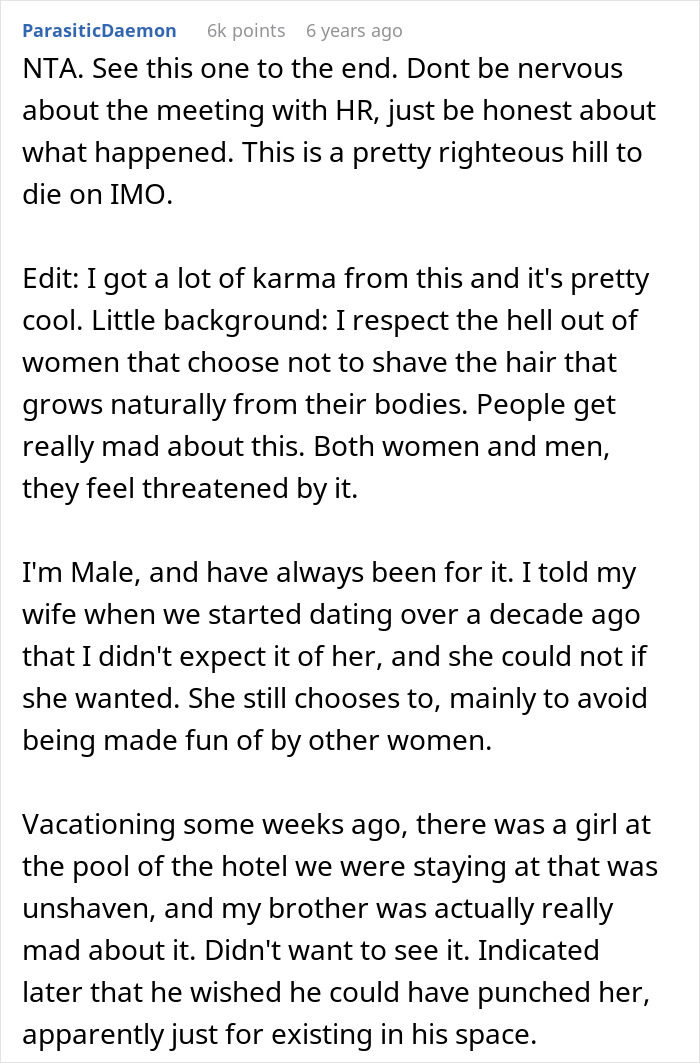 Text from forum post discussing personal support for women who refuse shaving legs at work and social reactions. Text from forum post discussing personal support for women who refuse shaving legs at work and social reactions.