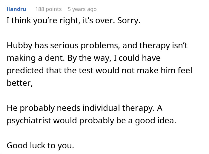 Comment discussing a husband demanding a paternity test for their 3-year-old son and therapy issues. Comment discussing a husband demanding a paternity test for their 3-year-old son and therapy issues.