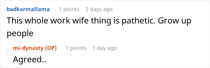 Screenshot of an online discussion about a guy&rsquo;s relationship with a female colleague crossing into work-wife territory.