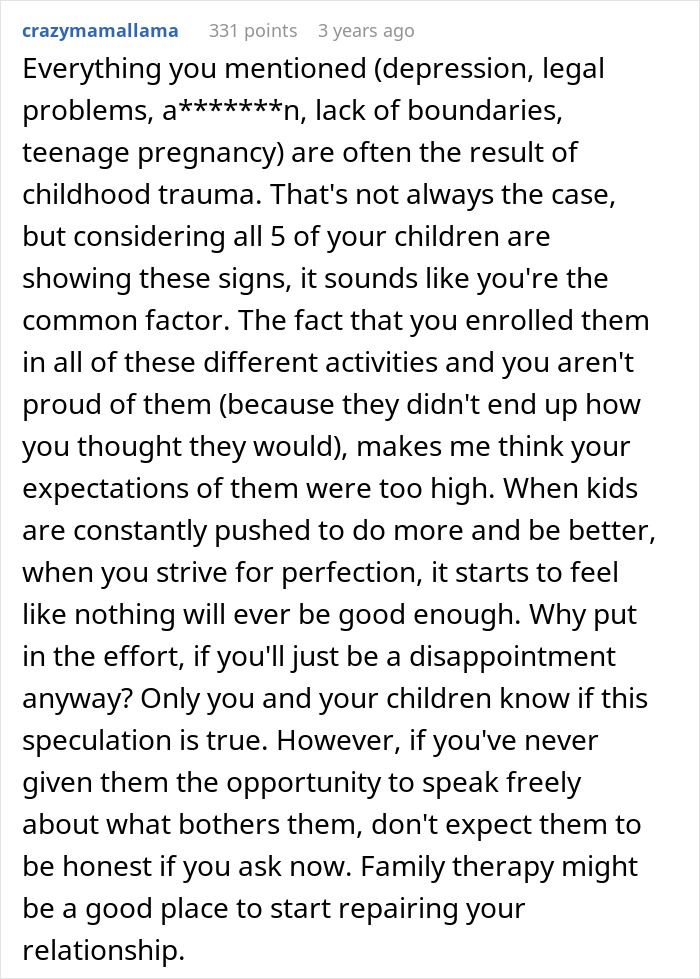 Comment discussing a dad&rsquo;s perspective on his children&rsquo;s failures and the impact of high expectations and childhood trauma.