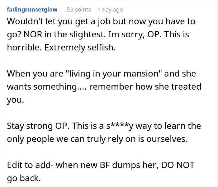 Comment discussing a mom throwing her child out for a random guy, highlighting selfishness and advice to stay strong.